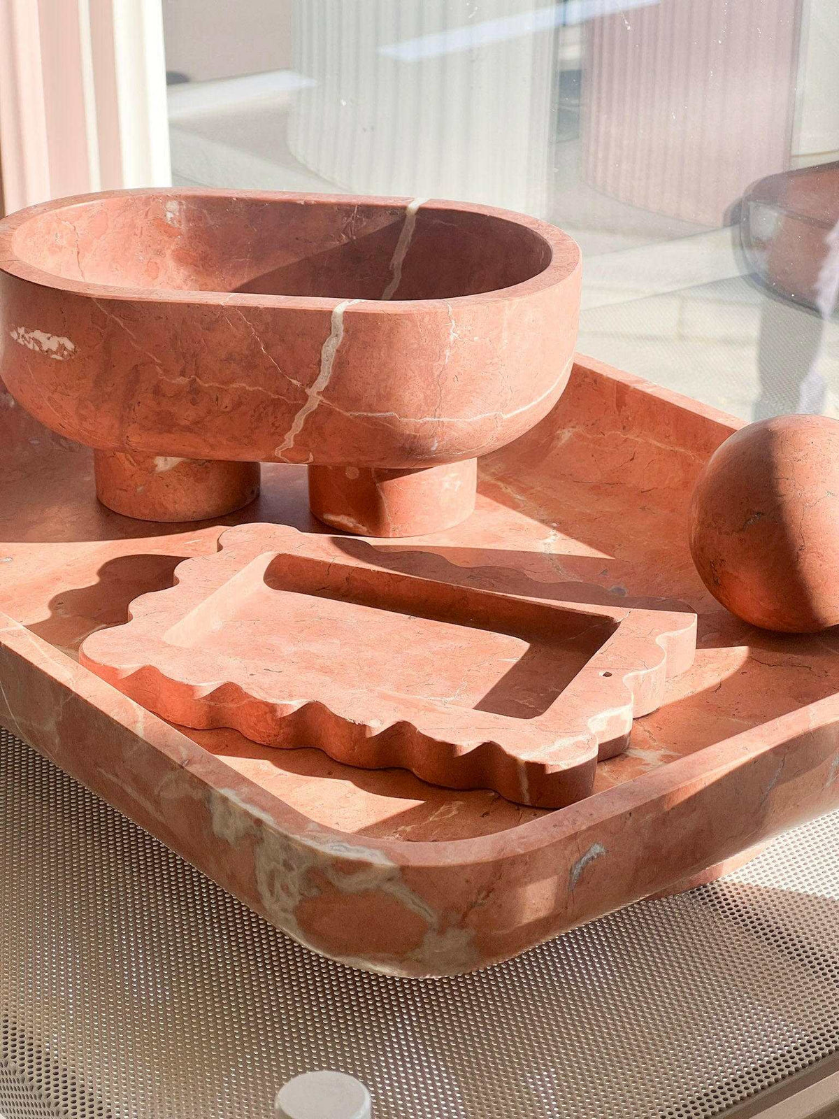 CoTheory Marble Footed Letter Tray in Rosso Alicante marble with unique organic patterns and sculptural design