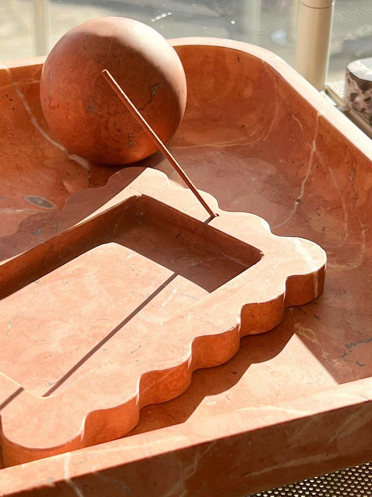 CoTheory Marble Footed Letter Tray in Rosso Alicante with geometric design and polished red marble finish