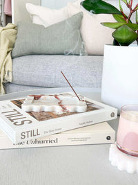 CoTheory Marble Tray small scalloped brown Calacatta marble incense holder on stacked books next to pink candle and green plant