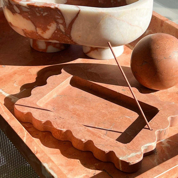CoTheory Rosso Alicante small scalloped marble tray and incense holder with felt pads