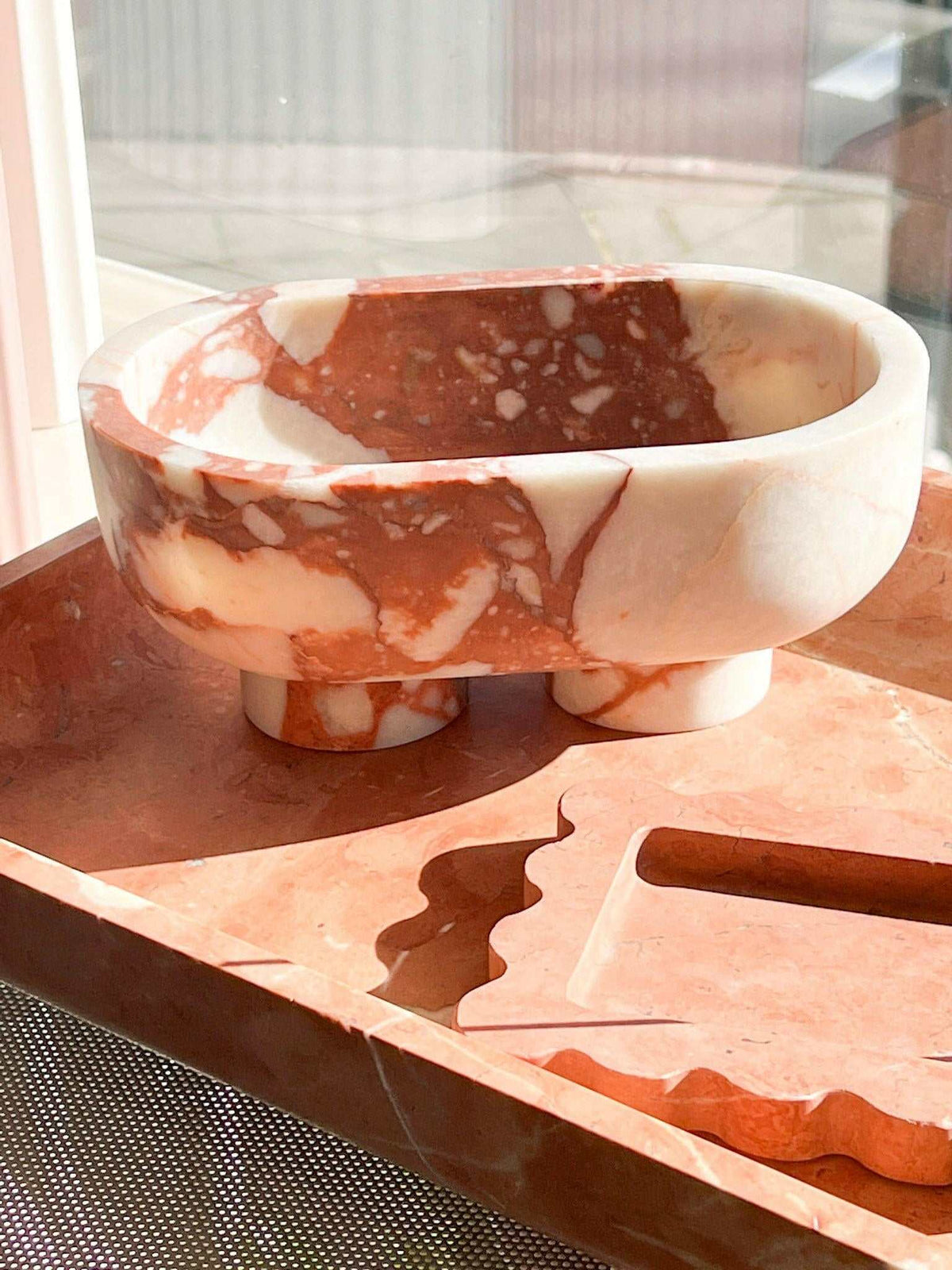 CoTheory Marble Footed Letter Tray in Rosso Alicante with unique red and white marble pattern and rounded design
