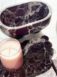 CoTheory Palazzo Scalloped Marble Bar Tray in Rosso Levanto with a rich dark red and white veined pattern, medium-sized scalloped edges, elegant and functional design for decor.