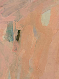 Close-up of Oak framed Vanni Limited Edition fine art canvas print "Under a Safe Sky" showing textured brushstrokes in soft pastel colors, 100x100cm unframed.