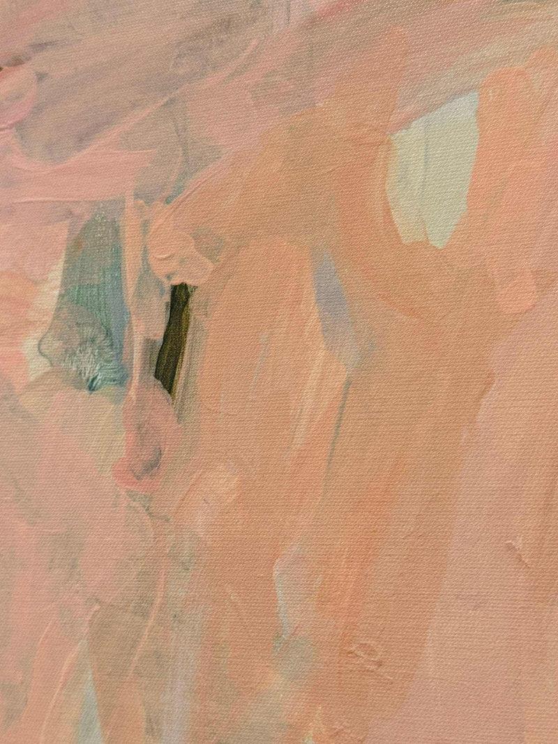 Close-up of Oak framed Vanni Limited Edition fine art canvas print "Under a Safe Sky" showing textured brushstrokes in soft pastel colors, 100x100cm unframed.