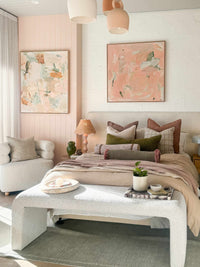 Oak framed Vanni Limited Edition Fine Art Canvas Print Breathing in the New in modern bedroom setting