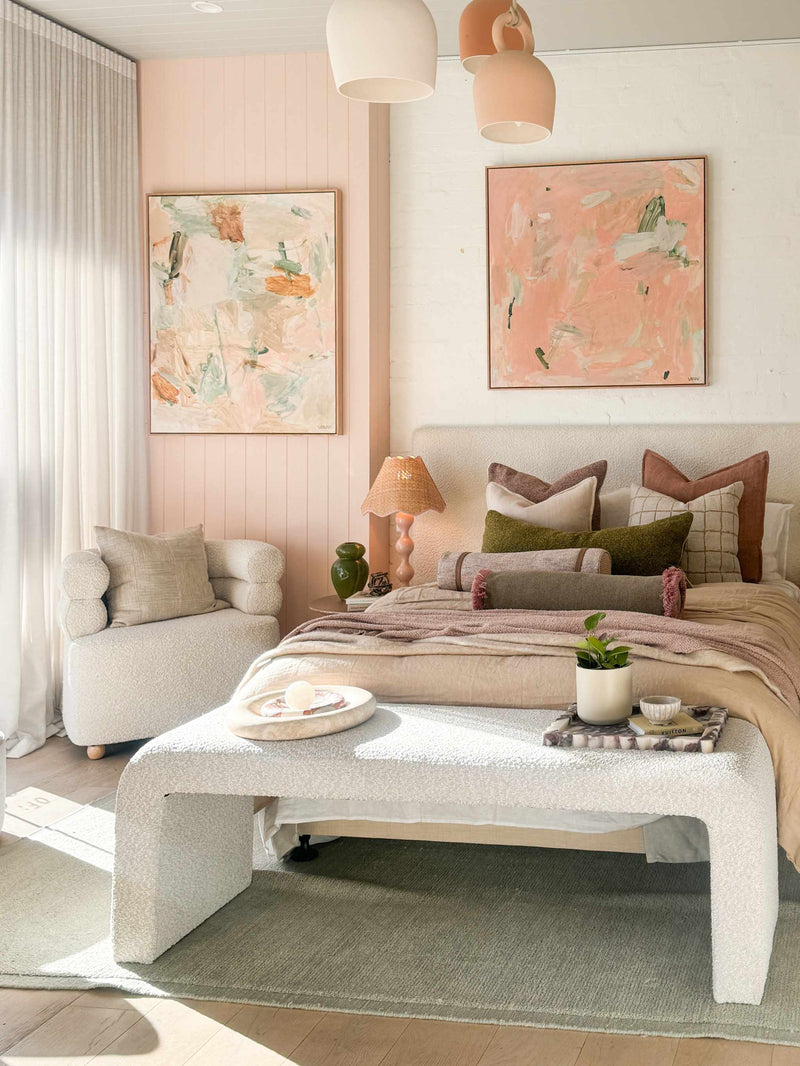 Oak framed floating fine art canvas print Breathing in the New 90x108cm in modern bedroom setting