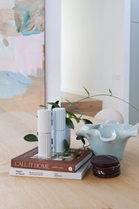 norsu Studio Flow ceramic bowl in soft blue with ruffled edges and glossy finish