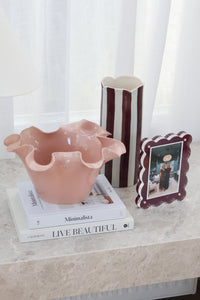 norsu Studio Living handpainted ceramic petal vase in muted burgundy and soft blue stripes with scalloped rim