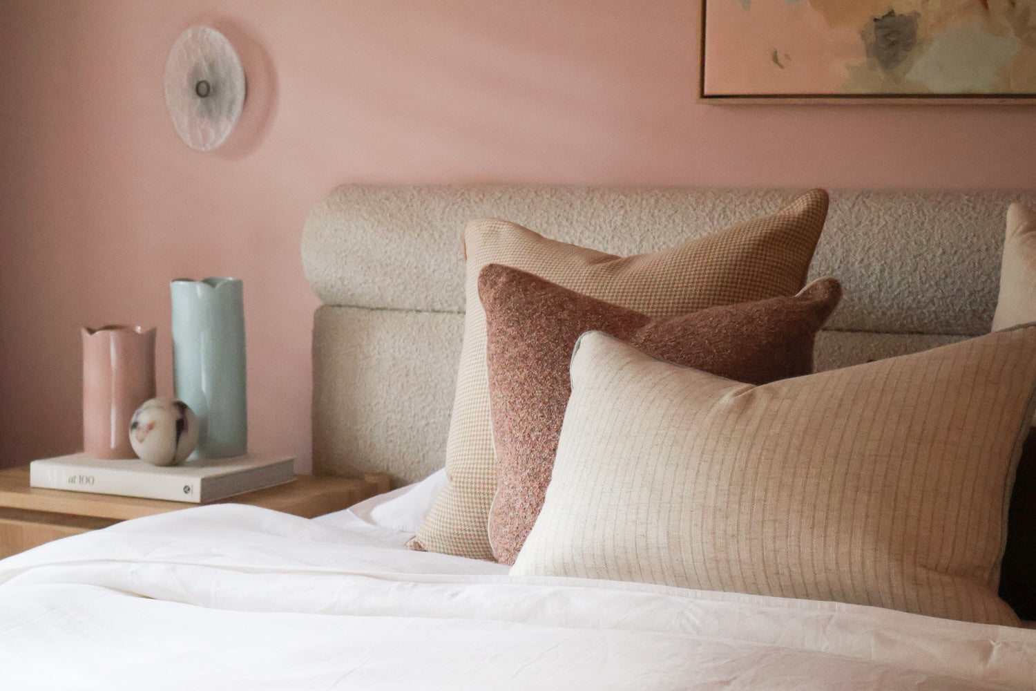 norsu Studio reversible blush Elysian cushion with piping and feather-down filling
