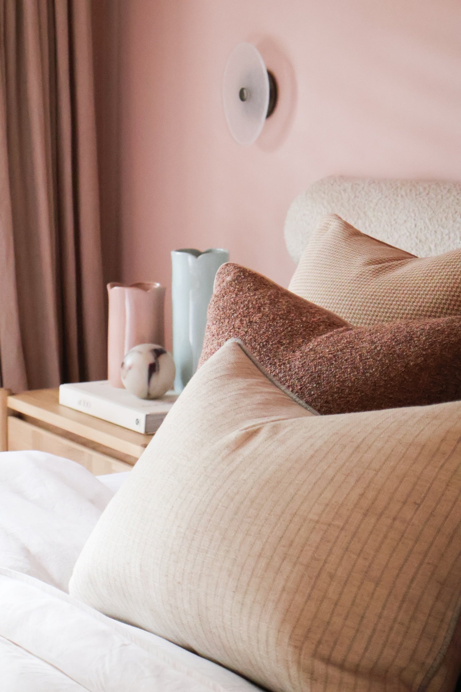 norsu Studio Forma Collection Elysian reversible blush cushion with fringing and feather-down filling