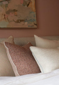 norsu Studio Forma Collection Elysian Reversible Blush Cushion with piping and fringing detail