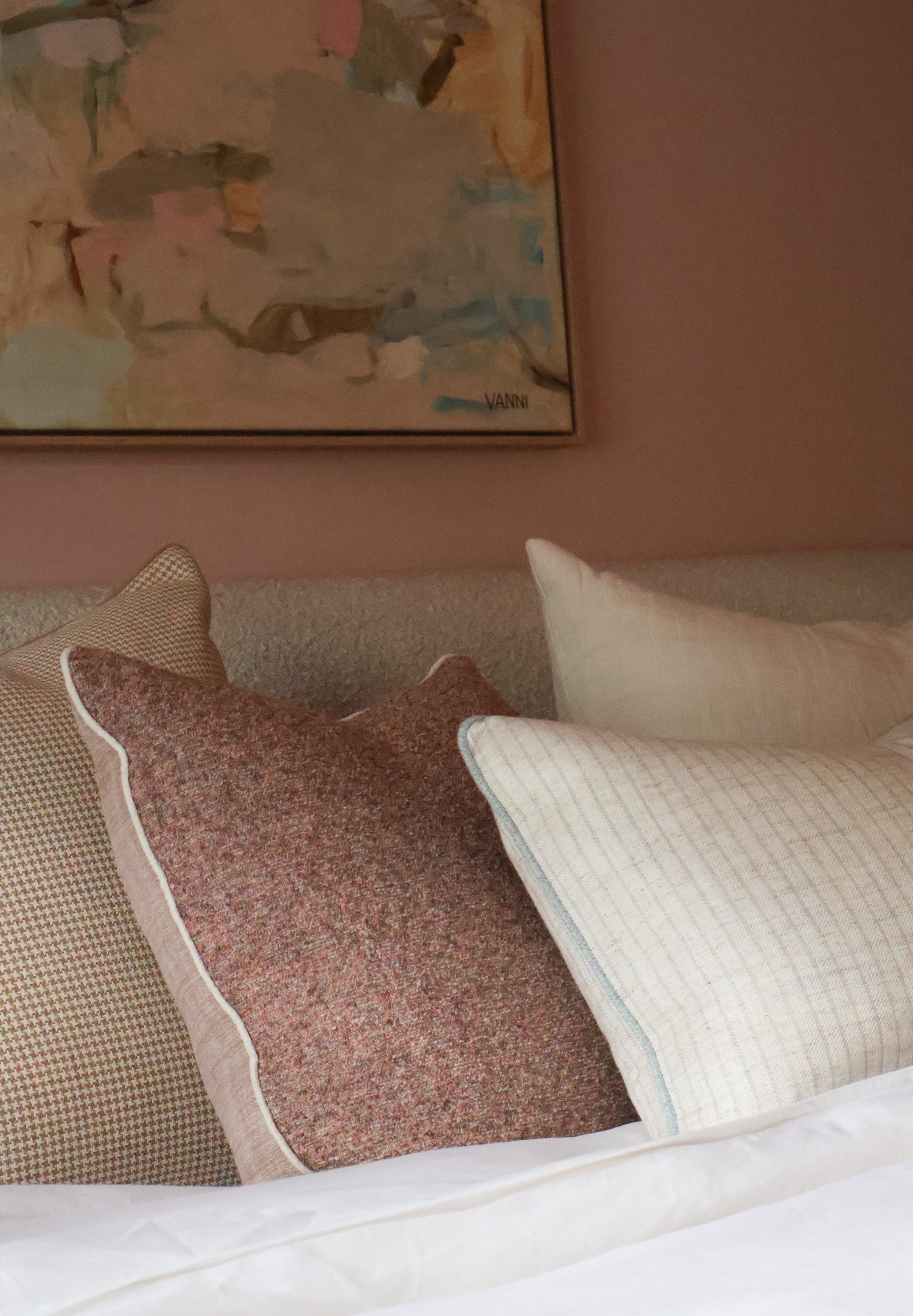 norsu Studio Forma Collection Elysian Reversible Blush Cushion with piping and fringing detail