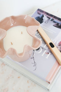 norsu Studio Flow blush ceramic two-in-one candle vessel with Alhambra scent and ruffled edge design