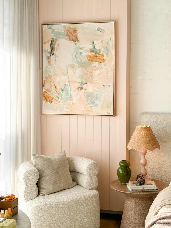 Oak framed Vanni Limited Edition abstract fine art canvas print in living room setting