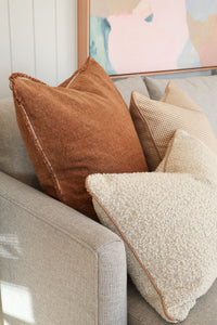 Baya Sutton Cushion praline cotton-linen chenille with fringe and textured yarns