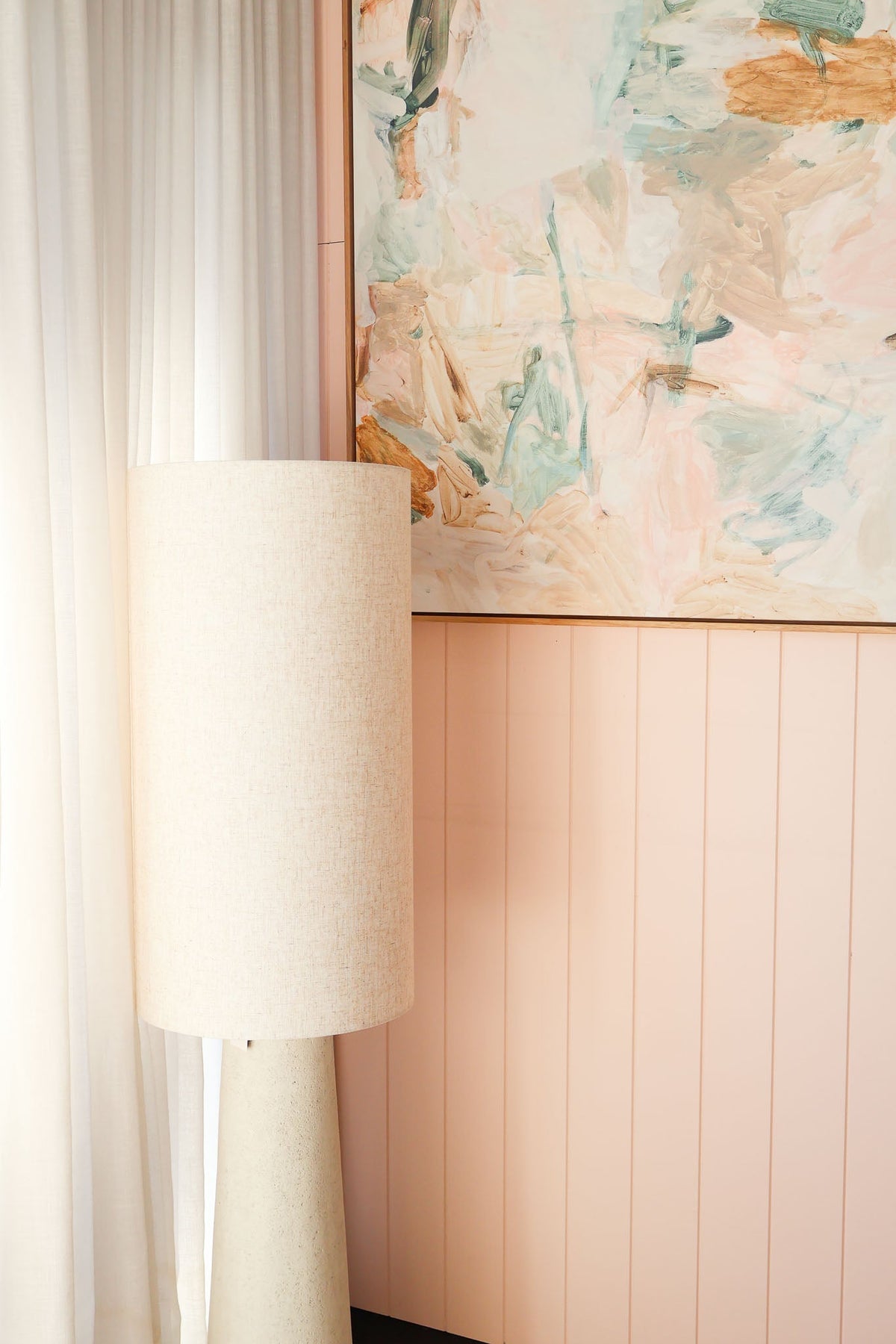 Maggie Fibreglass Floor Lamp with natural linen shade in contemporary design for modern interiors