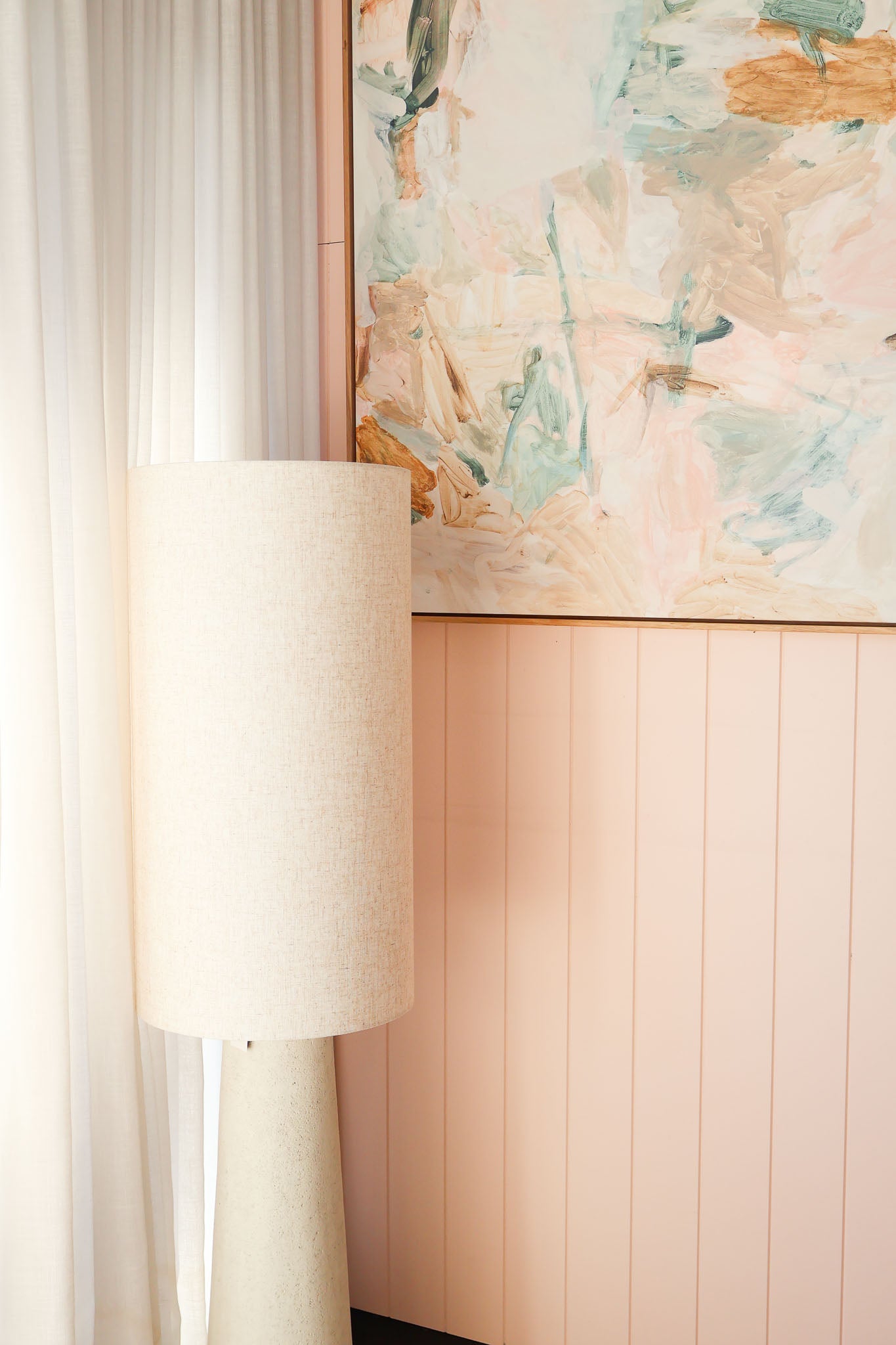 Maggie Fibreglass Floor Lamp with natural linen shade in contemporary design for modern interiors