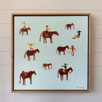 Lottie Rae Fine Art canvas print titled Gangstas' Paradise with horses and riders, 50x50cm framed in oak