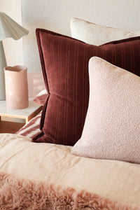 Baya Stria Cushion in merlot velvet with subtle stripes and flanged edge, 55x55cm cotton velvet pillow