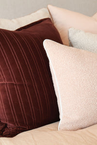 Baya Stria Cushion in merlot velvet with subtle stripes and flanged edge, 55x55cm plush cotton velvet pillow
