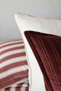 Baya Stria Cushion in merlot velvet with subtle striped texture and flanged edges, 55x55cm cotton velvet throw pillow