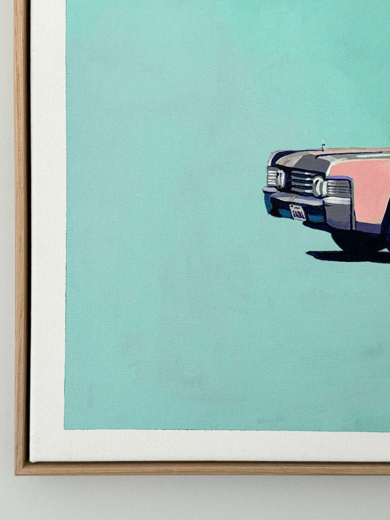 Greg Mount fine art print titled "You Can't Stop The Spring" featuring a partial view of a vintage car against a turquoise background in a wooden frame.