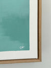 Greg Mount Fine Art Print "You Can't Stop The Spring" corner detail in wooden frame with teal and white colors