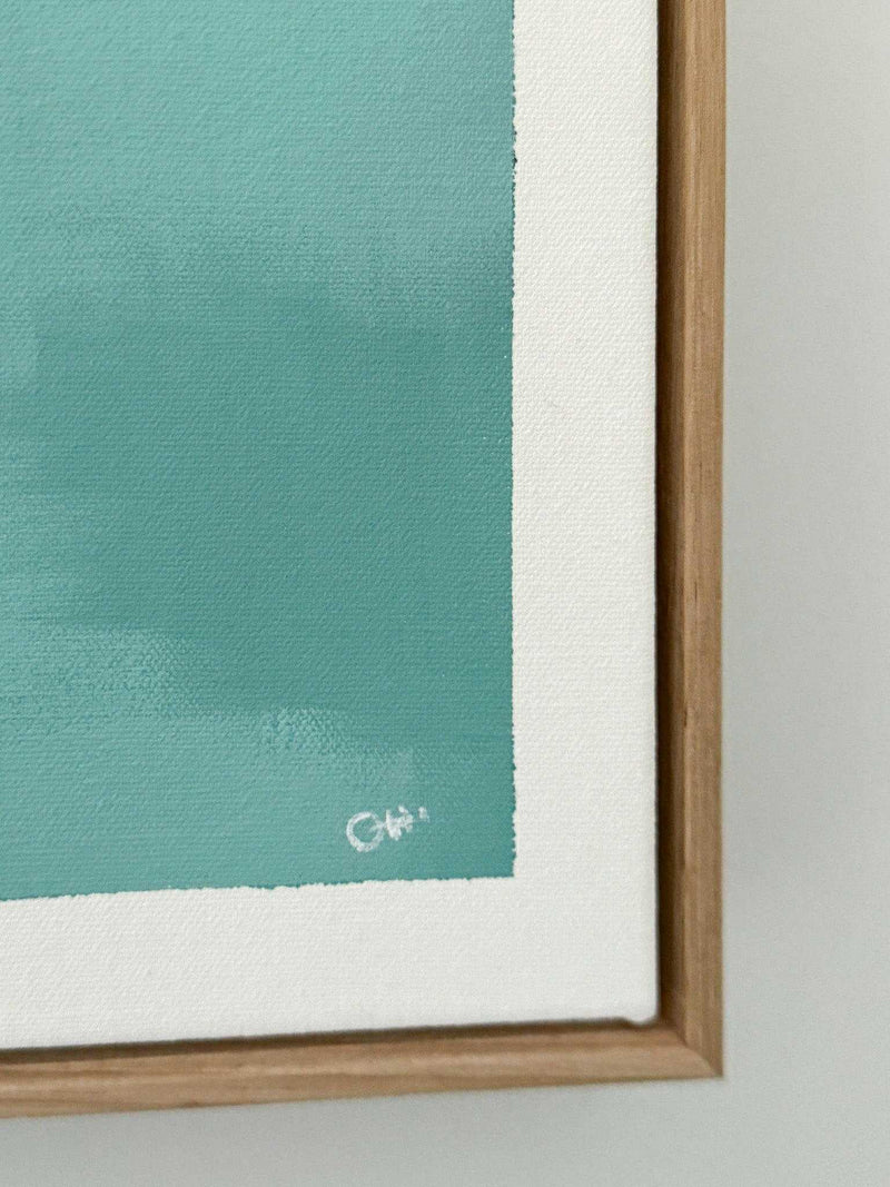Greg Mount Fine Art Print "You Can't Stop The Spring" corner detail in wooden frame with teal and white colors