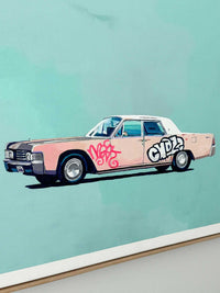 Greg Mount Fine Art Print featuring a vintage car with graffiti on a pastel blue background
