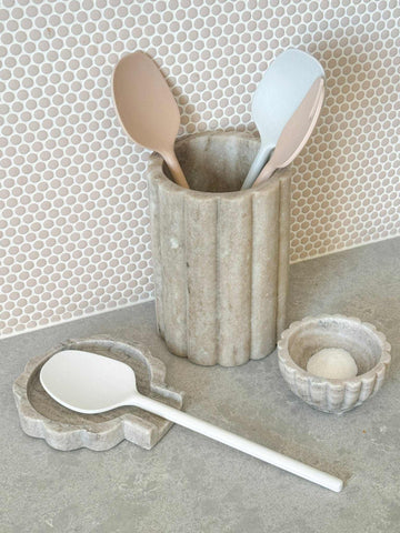 Indi Marble Bowl in natural beige with scalloped design, 9cm diameter, showcasing unique veining for elegant home decor and organization.