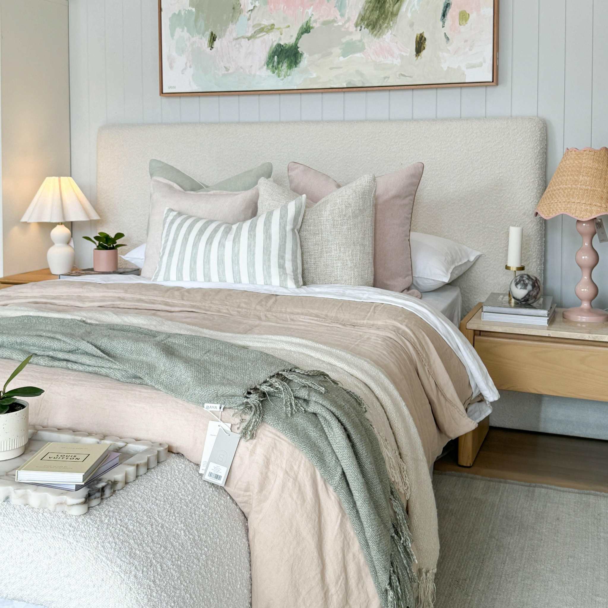 Ivory norsu Cabin Bedhead king size with self-piped Ovis boucle fabric in a styled bedroom setting