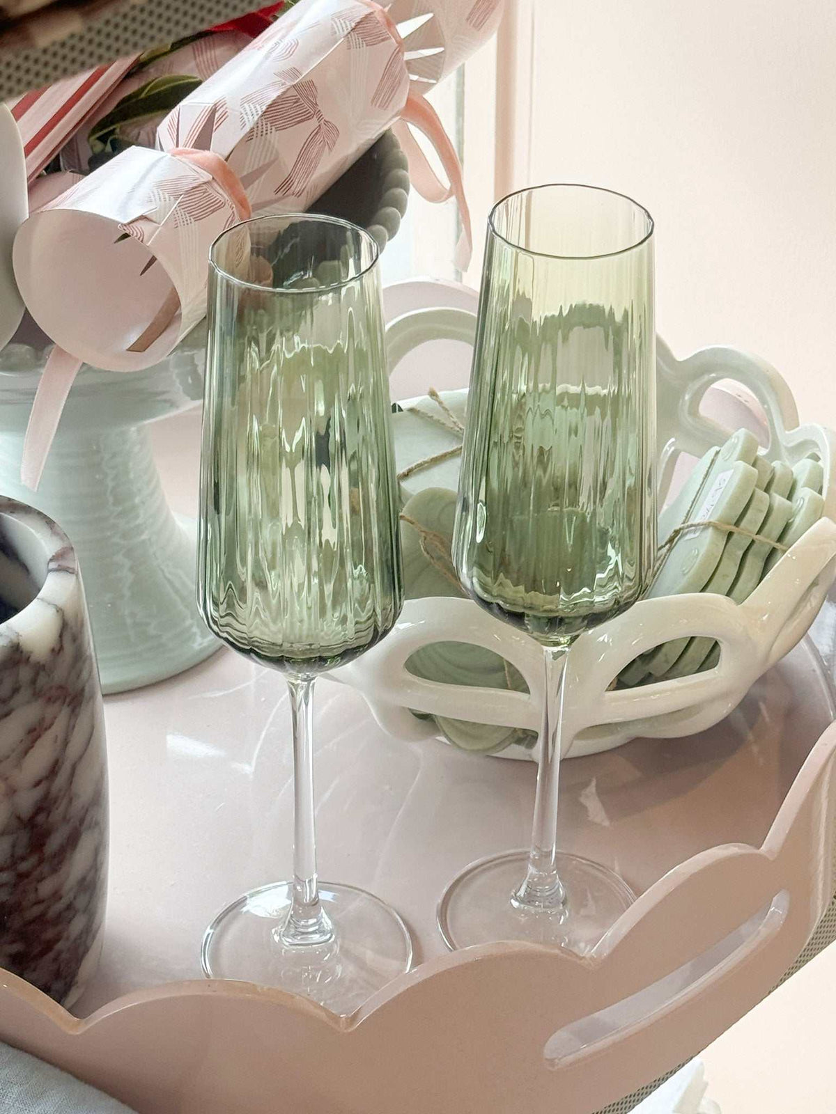 Set of 2 Austin Ribbed Flute Glasses in green with tall stems and ribbed design for champagne and sparkling cocktails