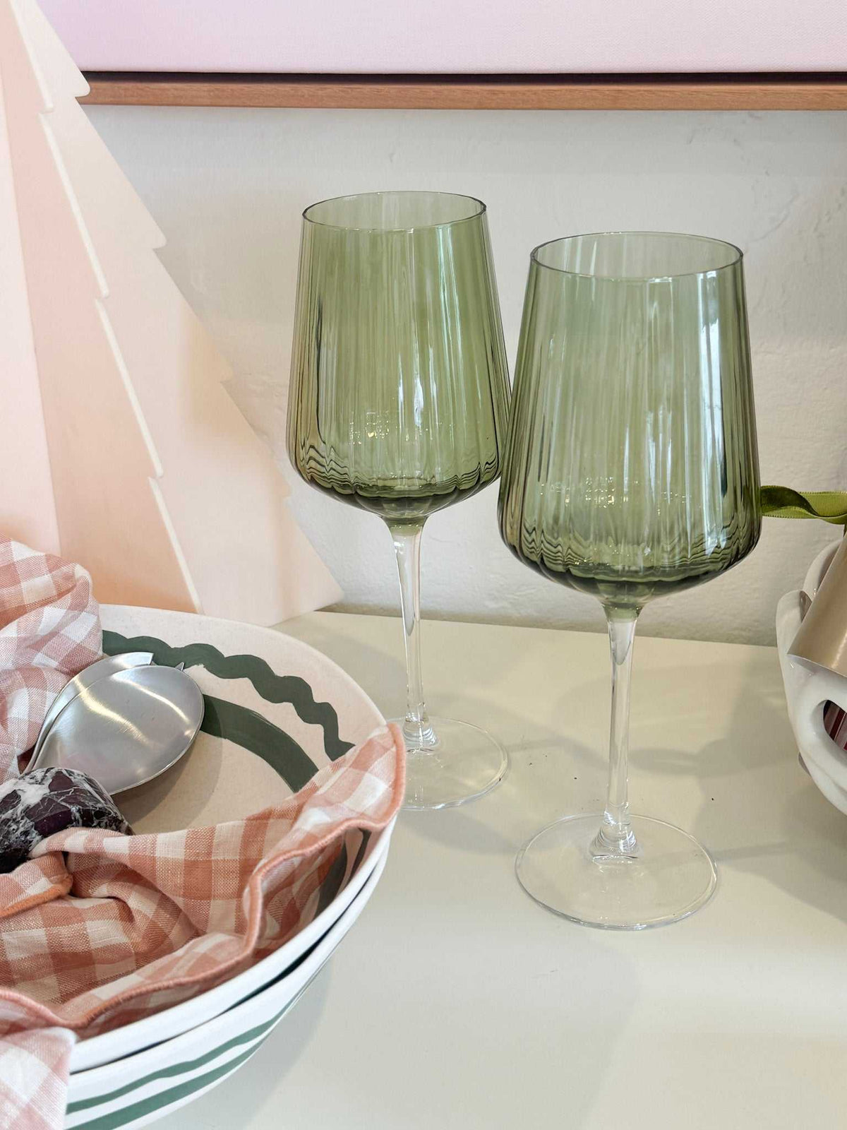 Set of 2 Liam Ribbed Wine Glasses in soft green with elegant vertical ribbing and elongated stems