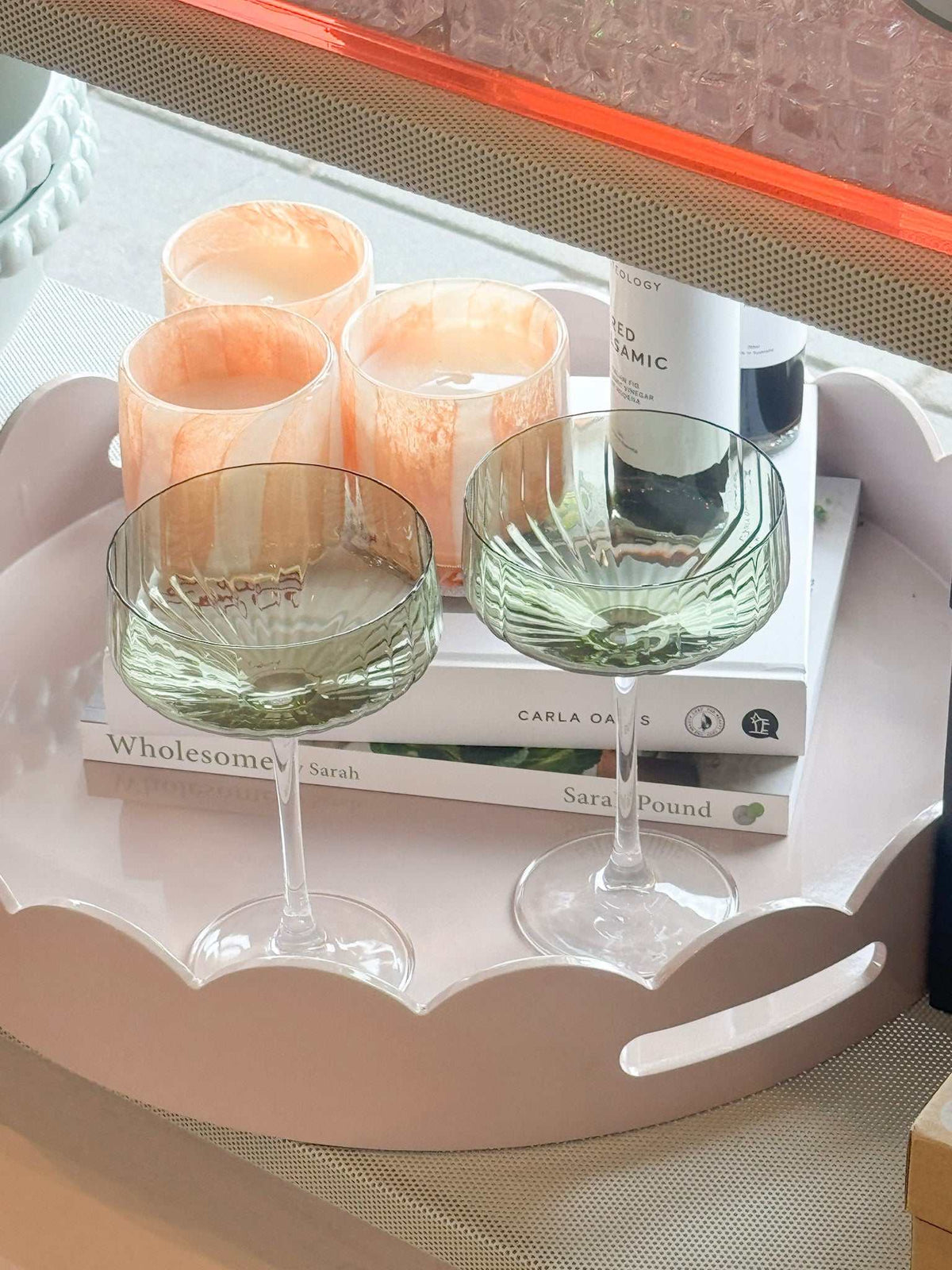 Set of 2 Levi Ribbed Coupe Glasses in soft green tint with elegant ribbed texture for cocktails and champagne