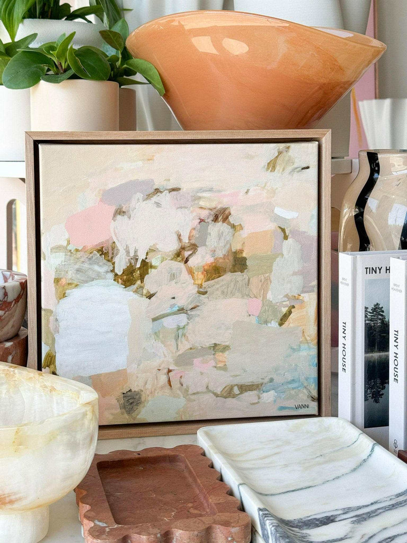 Oak framed abstract limited edition art canvas print Dancing Sunshine by Vanni 30x30cm store pick up