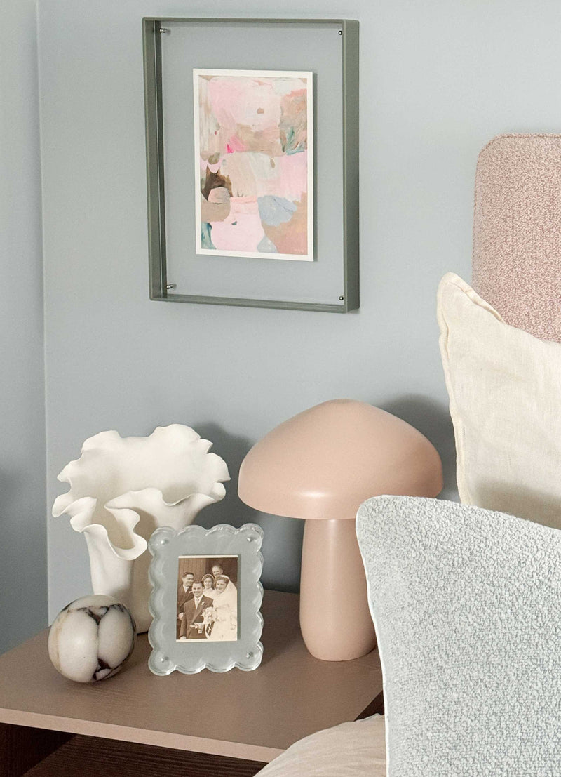 norsu STUDIO sage acrylic box gallery frame displaying artwork on wall in modern interior