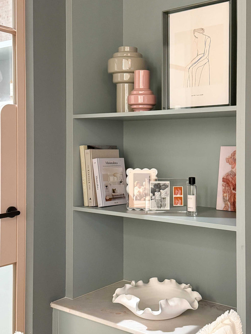 norsu STUDIO sage acrylic box gallery frame on shelf displaying artwork and photos in modern home setting