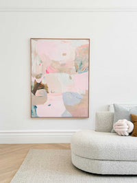 Lottie Rae Fine Art Canvas abstract print New Beginnings in soft pastel colors displayed in modern living room