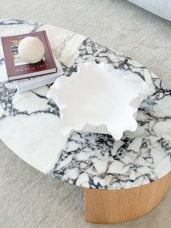 Nicole Decorative Bowl white ceramic with ruffled edges on marble table centerpiece