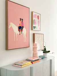 Oak framed Lottie Rae Smooth Operator abstract art canvas print 55x38cm on wall above sideboard