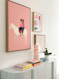 Oak framed Lottie Rae Smooth Operator fine art canvas print 103x75cm on wall above sideboard