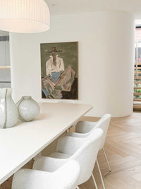 Marcia Priestley limited edition fine art canvas print Chaps III in floating oak frame displayed in modern dining room