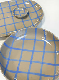 Coastal Junction condiments bowl in stoneware with hand-painted blue check pattern