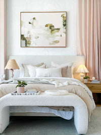 Ivory norsu Cabin Bedhead in king size with boucle fabric and modern over-hang design in stylish bedroom setting