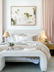 Ivory norsu Cabin Bedhead in king size with boucle fabric and modern over-hang design in stylish bedroom setting