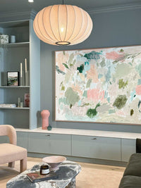 Oak framed Vanni limited edition Blushing Meadows abstract fine art canvas print in modern living room