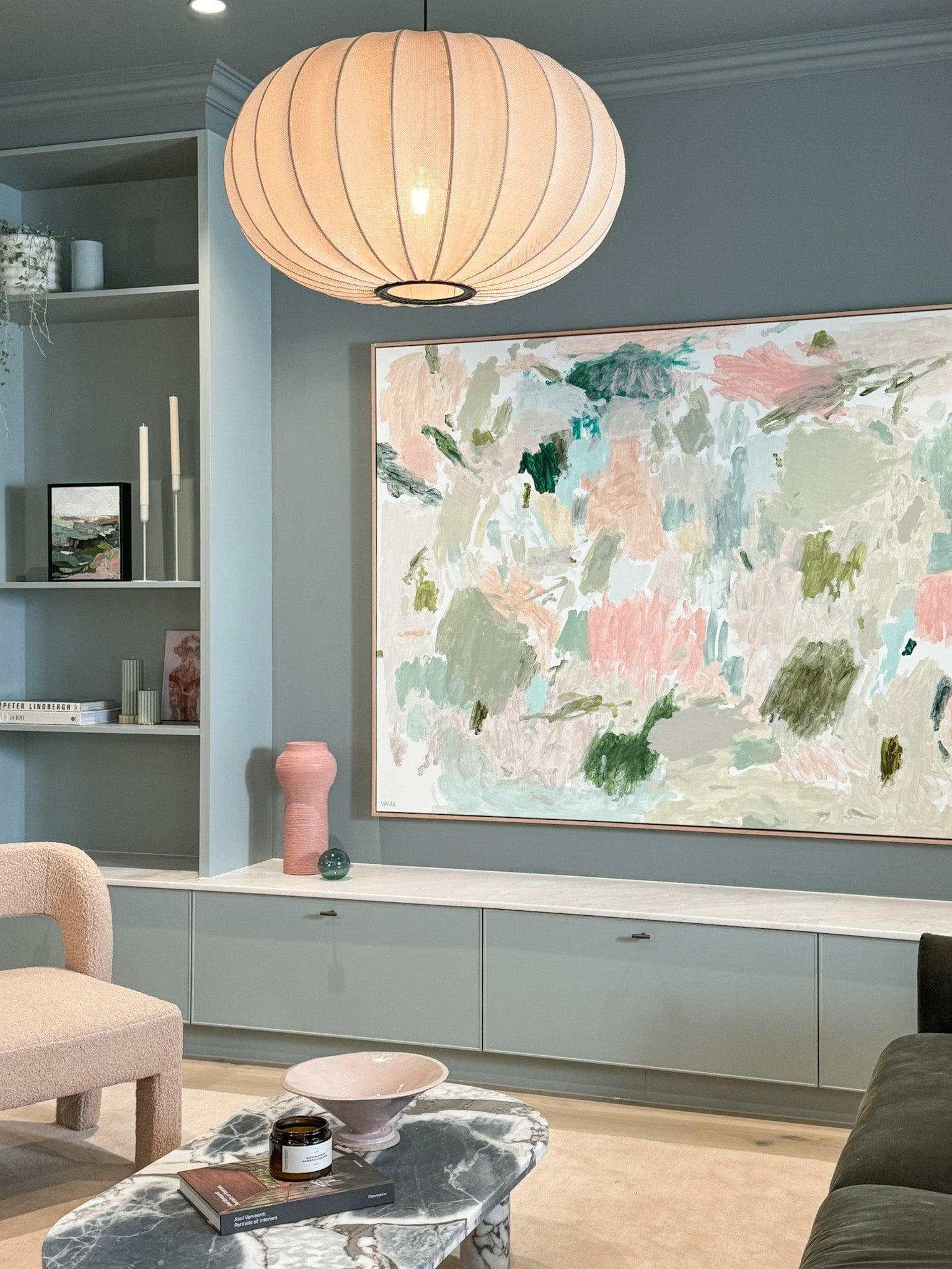 Oak framed Vanni limited edition Blushing Meadows abstract fine art canvas print in modern living room