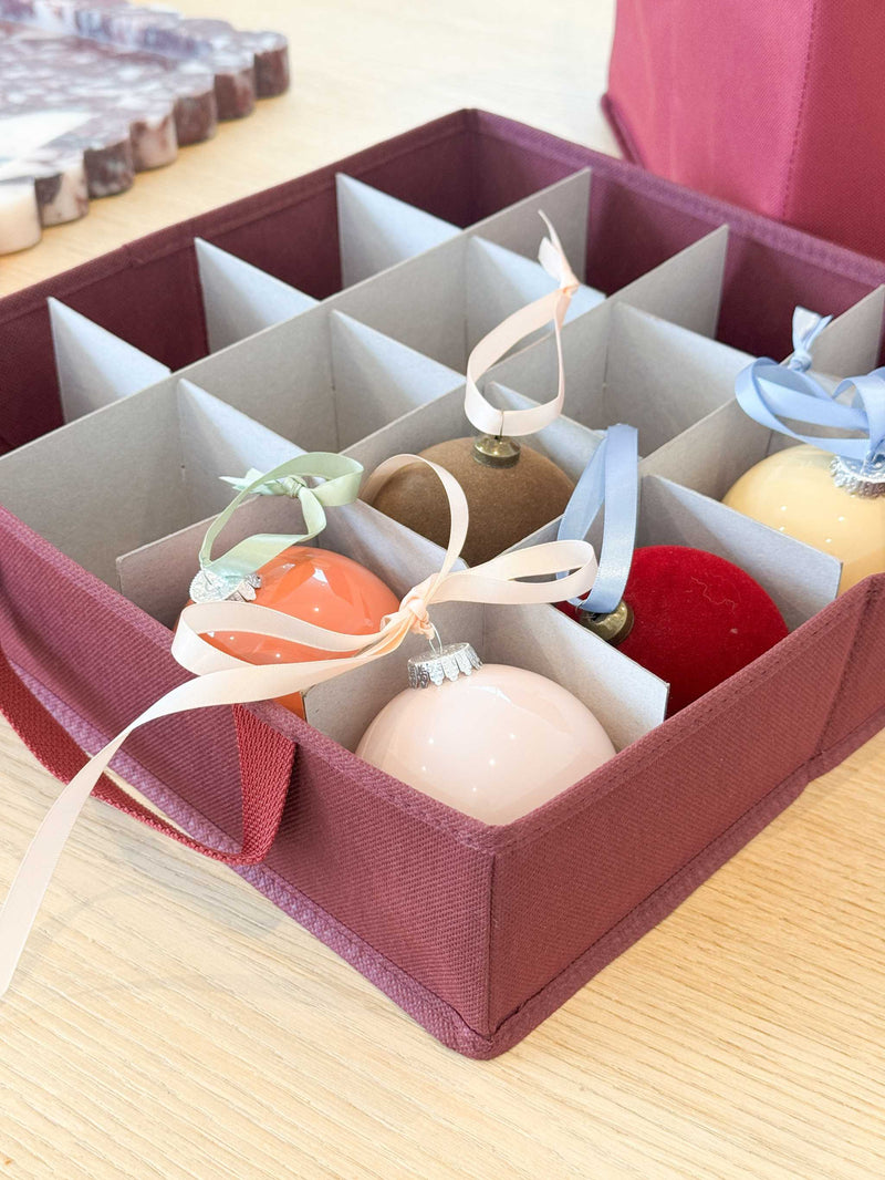 norsu Studio Christmas Ornament storage box with compartments holding multiple ornaments