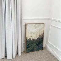 Prudence De Marchi ARCADIA Fine Art Canvas Print "Finding The Way" abstract landscape with earthy tones and soft pastels in wooden frame leaning against wall