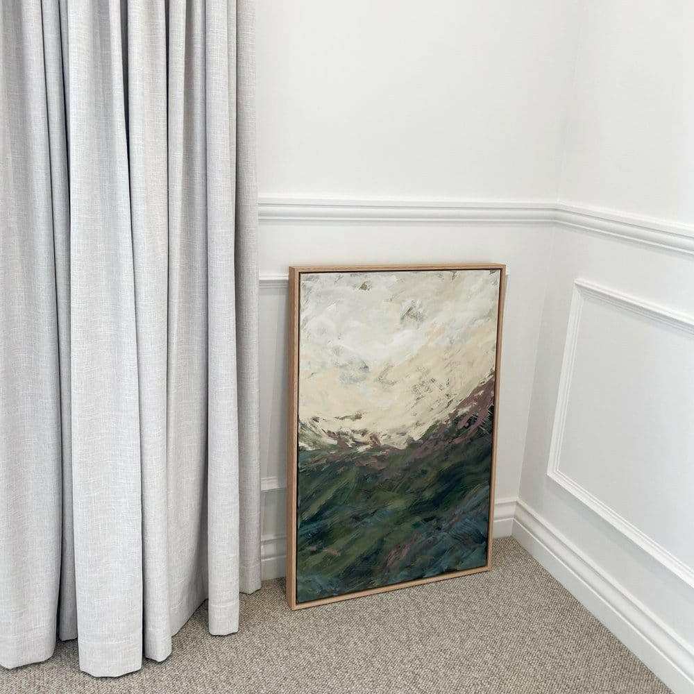 Prudence De Marchi ARCADIA Fine Art Canvas Print "Finding The Way" abstract landscape with earthy tones and soft pastels in wooden frame leaning against wall